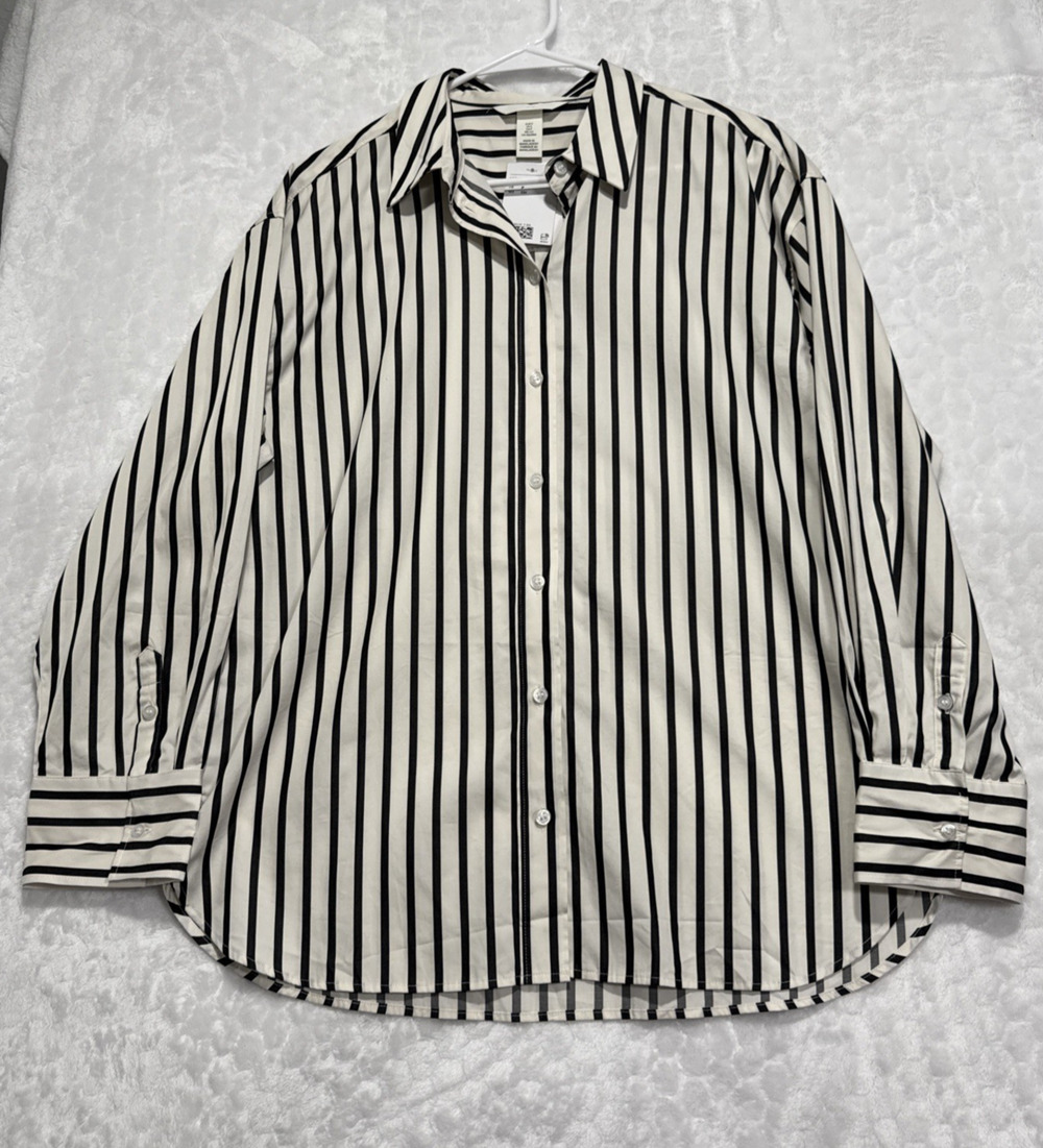 H&M Relaxed Fit Striped Shirt Button Front Popover Long Sleeve Top Size Small